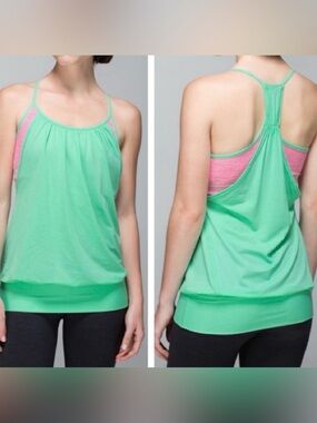 Lululemon Mint Green No Limits Tank Top w/ Built In Neon Pink Striped Bra Sz 10